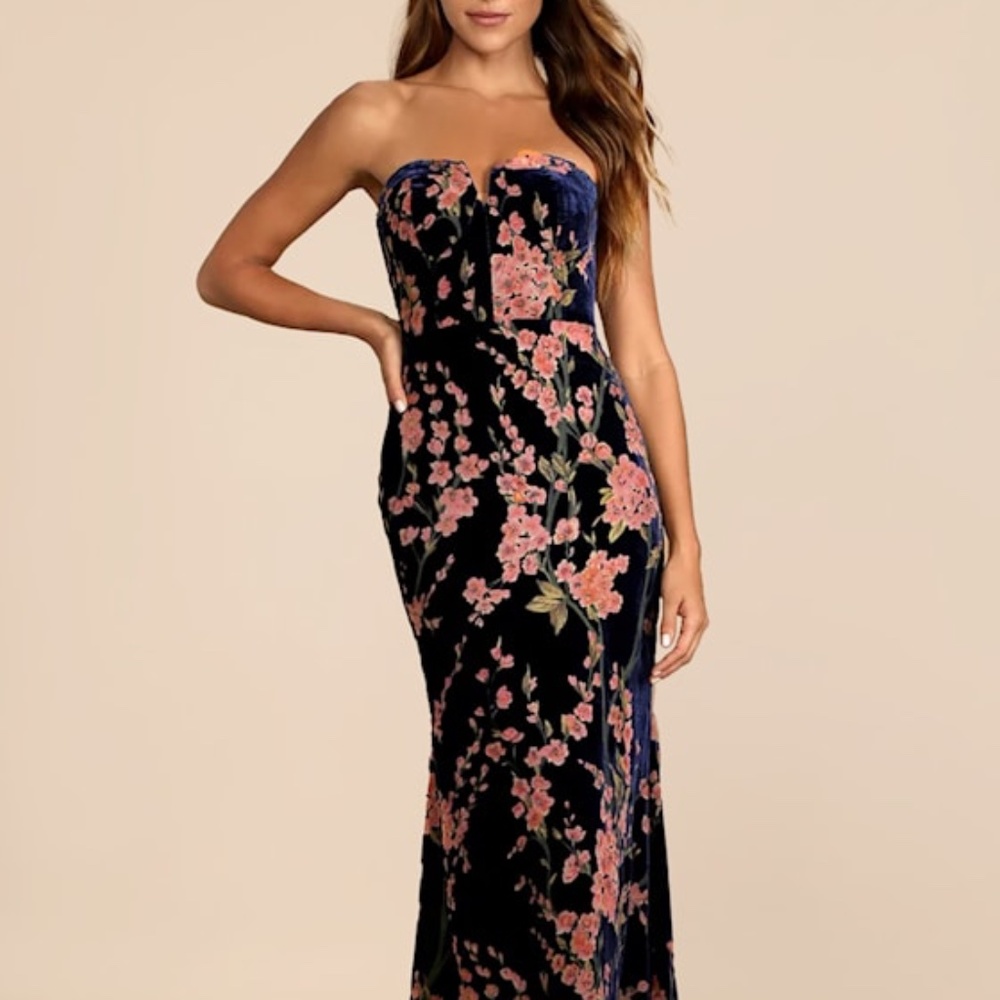 Lulus Bloom In Mind Navy Blue Floral Print Velvet Strapless Maxi Dress - Size L